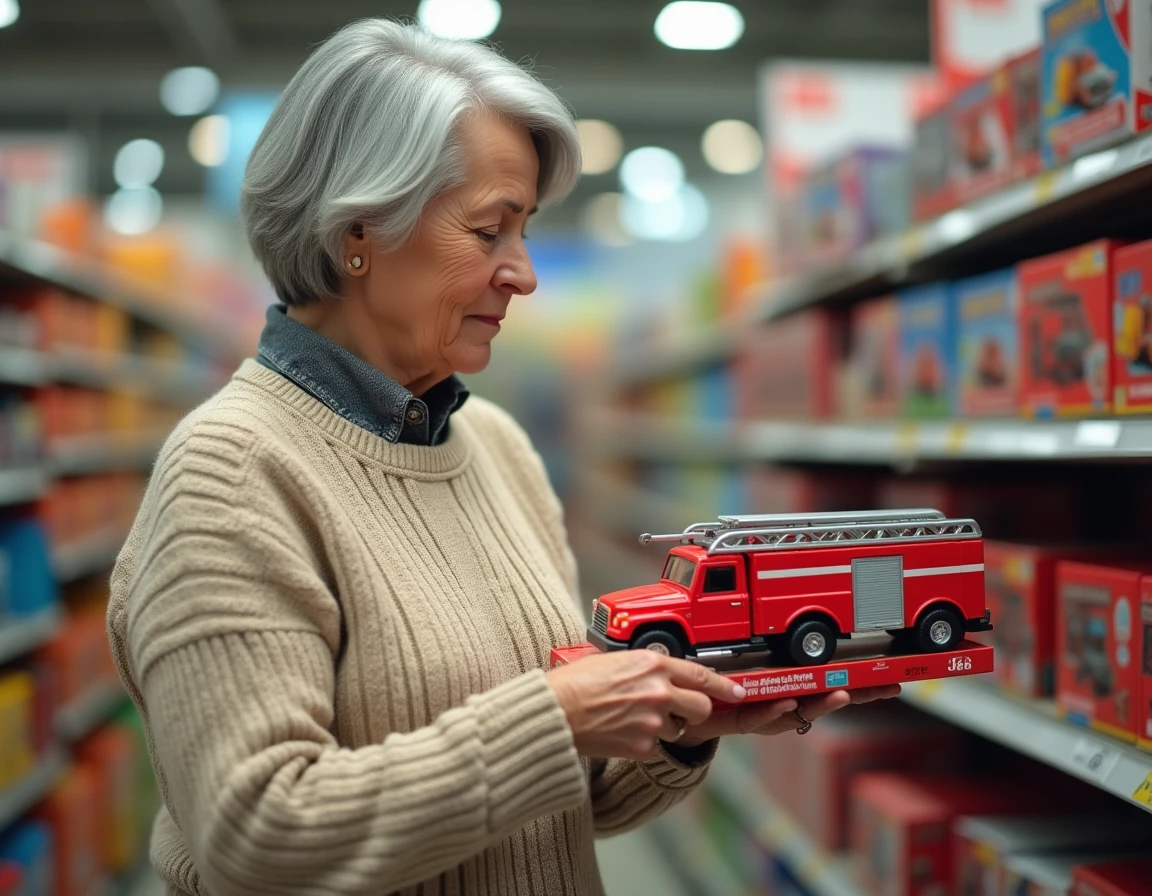 Grand-mère comparant deux camions de pompier jouets dans un rayon de magasin de jouets
