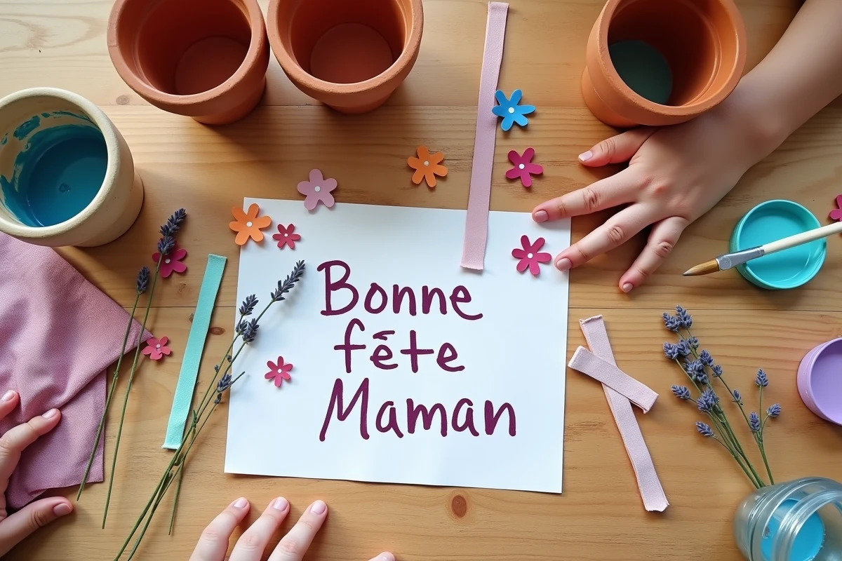 Vue aérienne d'une table de crèche avec des créations artisanales pour la fête des mères incluant pots peints et fleurs séchées