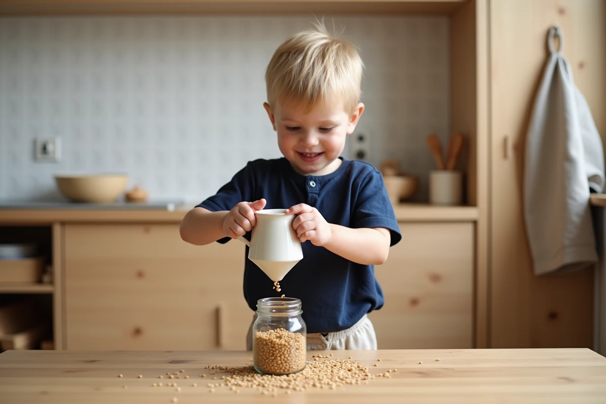 Petit garçon de 3 ans pratiquant un exercice de transvasement Montessori avec une cruche en céramique et un bocal en verre