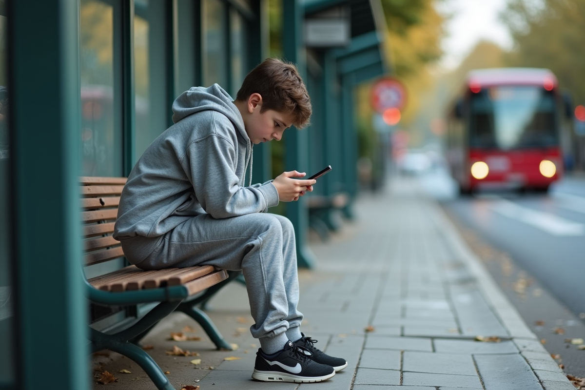 Adolescent assis à un arrêt de bus urbain avec smartphone