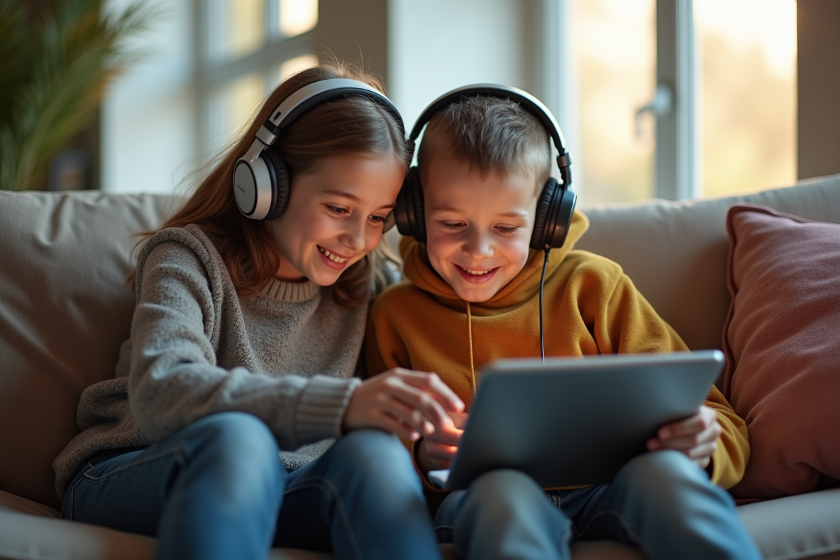 Adolescents partageant des écouteurs dans un salon moderne