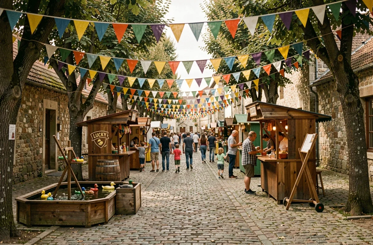 Allée de kermesse décorée de guirlandes colorées avec des stands de jeux traditionnels dans un village
