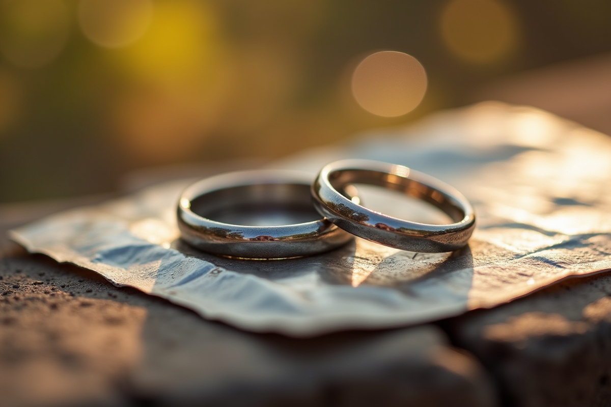 Alliances en argent sur une surface en tin