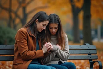 Deux amies assises sur un banc en automne, l'une réconfortant l'autre en deuil par un geste tendre de la main