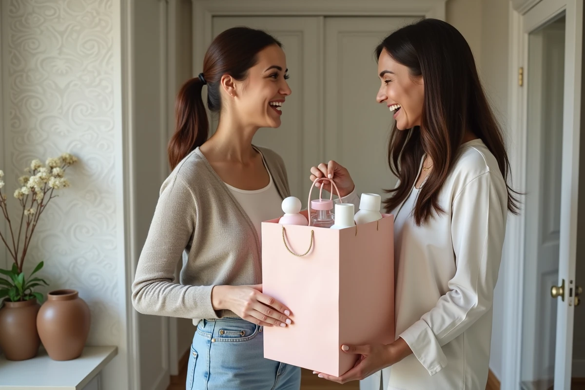 Deux amies échangent un sac cadeau pour bébé dans un couloir