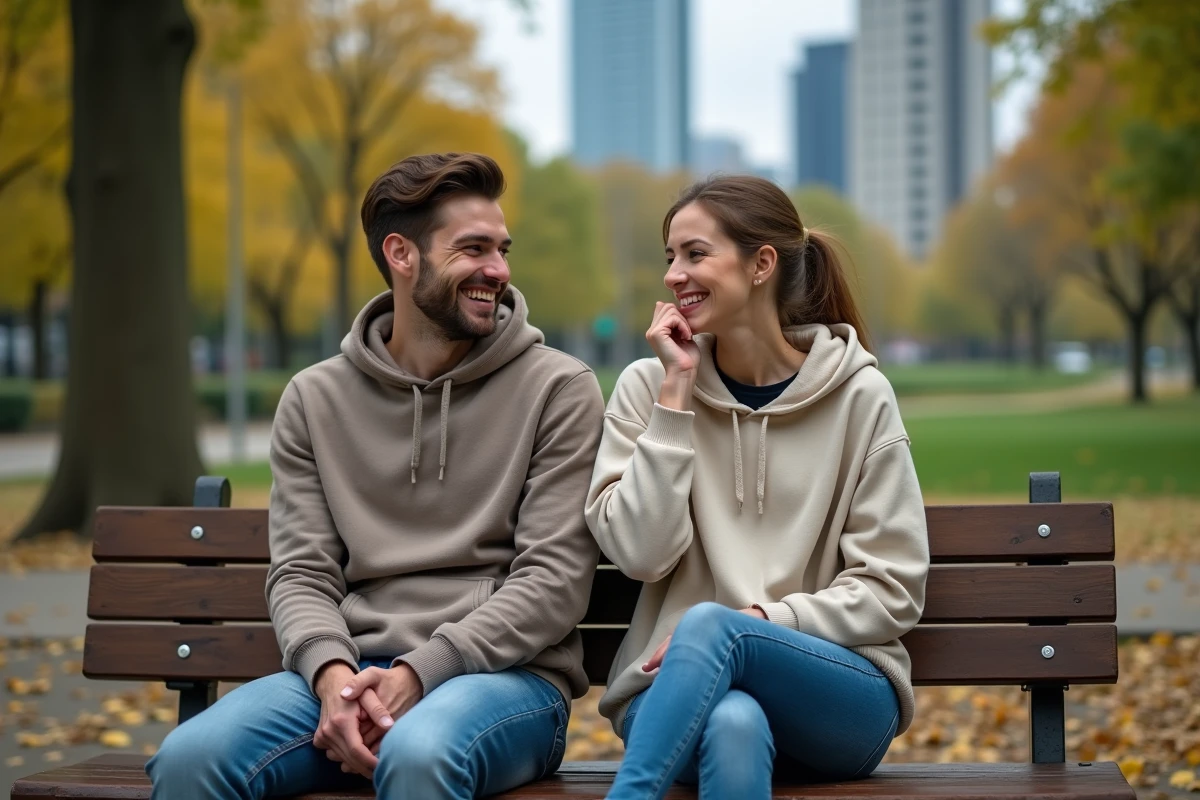 Deux amis assis sur un banc en ville partageant un moment émouvant avec des larmes de joie