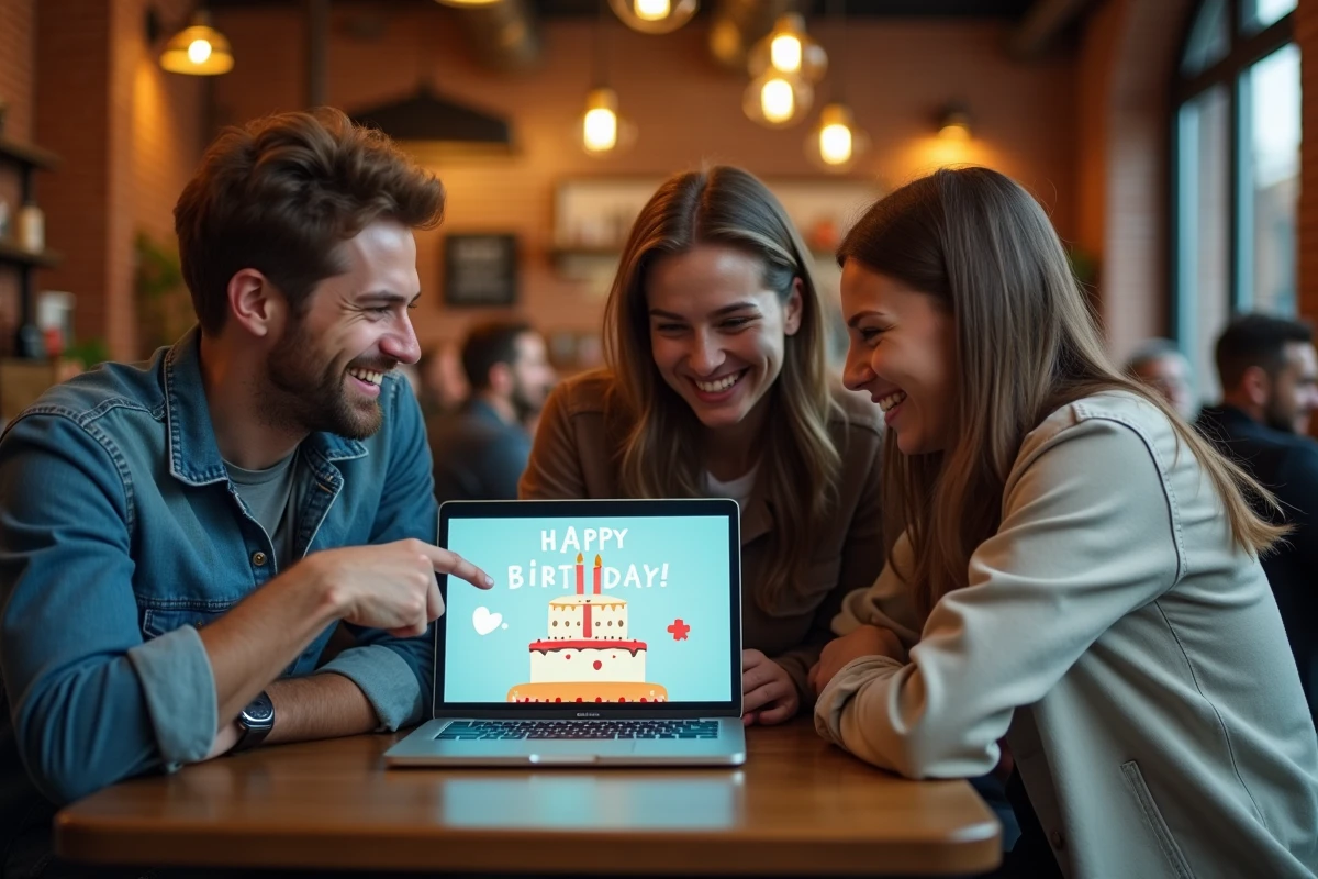 Groupe d'amis découvrant ensemble des cartes d'anniversaire animées gratuites sur un ordinateur portable dans un café