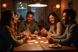 Groupe d'amis jouant aux cartes autour d'une table chaleureuse