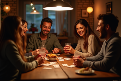 Groupe d'amis jouant aux cartes autour d'une table chaleureuse