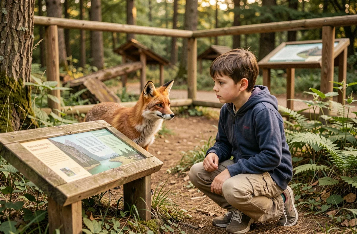 Jeune garçon observant un renard dans un espace nature pédagogique à Anim'Nature près d'Aydat