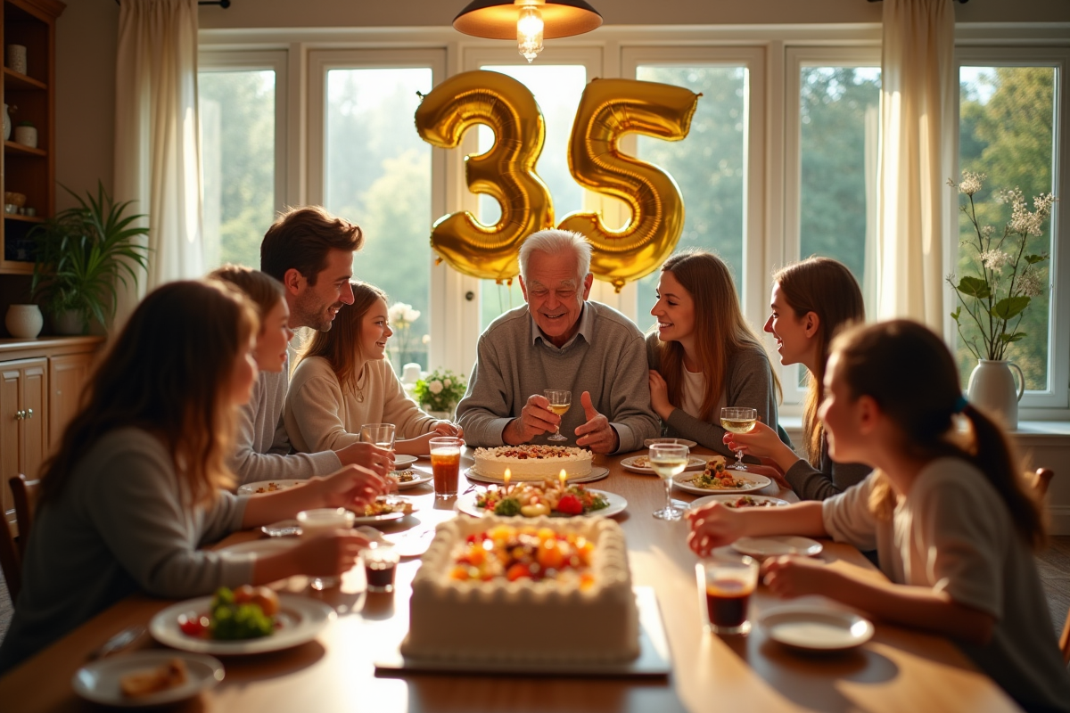 Salle décorée pour un anniversaire avec ballons et gâteau