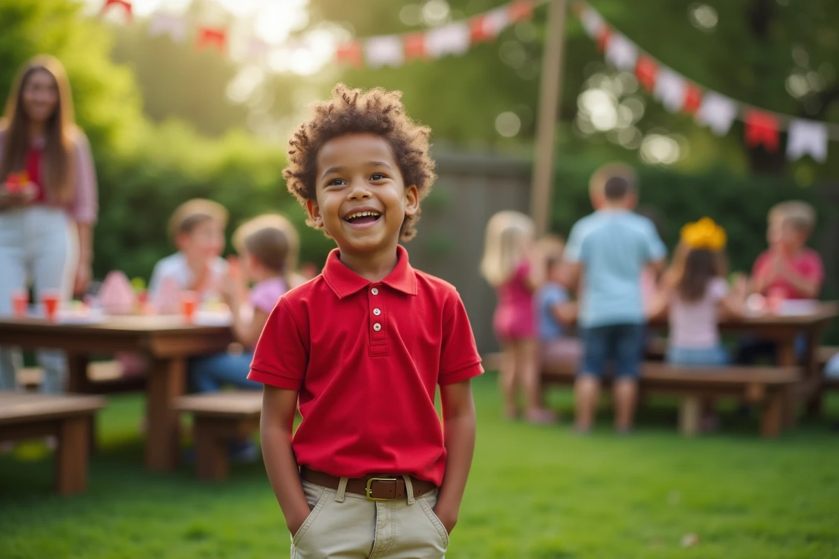 Petit garçon de 8 ans exprimant une joie sincère entouré de sa famille dans un jardin décoré pour son anniversaire avec guirlandes et gobelets colorés
