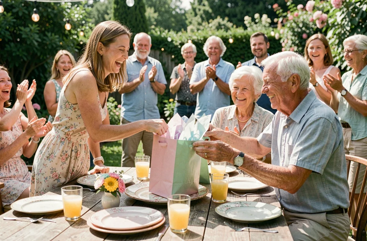 Famille réunie en jardin pour une annonce de grossesse festive, les futurs grands-parents découvrant un cadeau surprise avec joie