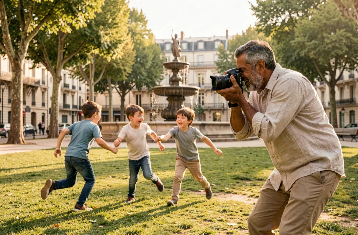 Antonio Matera photographiant une famille animée dans un parc de Bayonne