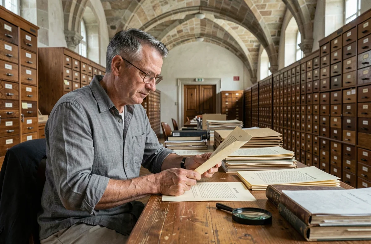 Archiviste consultant un document historique dans une salle d'archives municipales françaises, illustrant la recherche d'origines et de généalogie