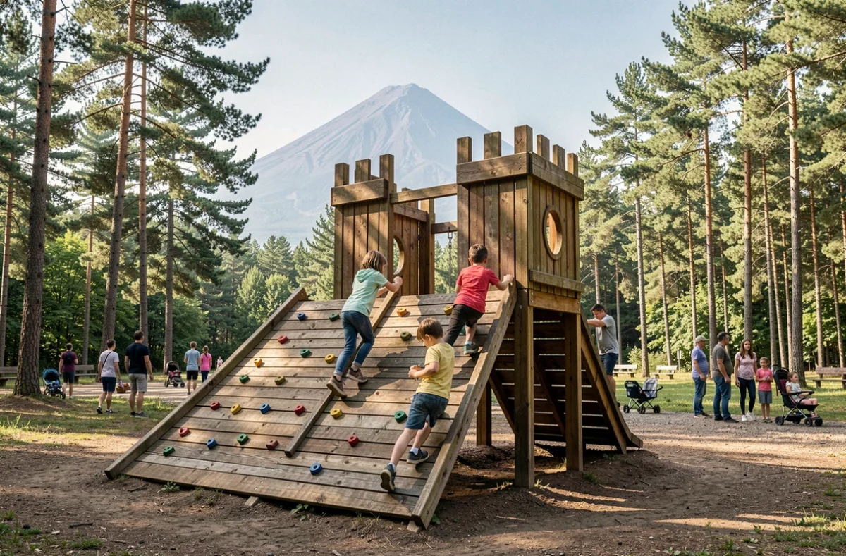 Enfants grimpant sur une structure de jeu en bois à Aventure Land Orcines avec le Puy de Dôme en arrière-plan