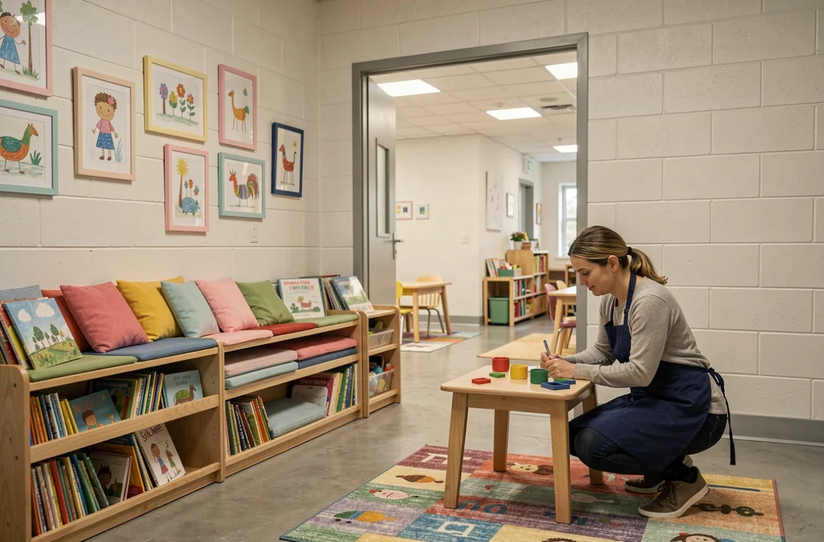 Salle d'activités de la crèche collective Babilou Argenteuil Marie-José Chombart de Lauwe avec une puéricultrice et des espaces de jeux organisés