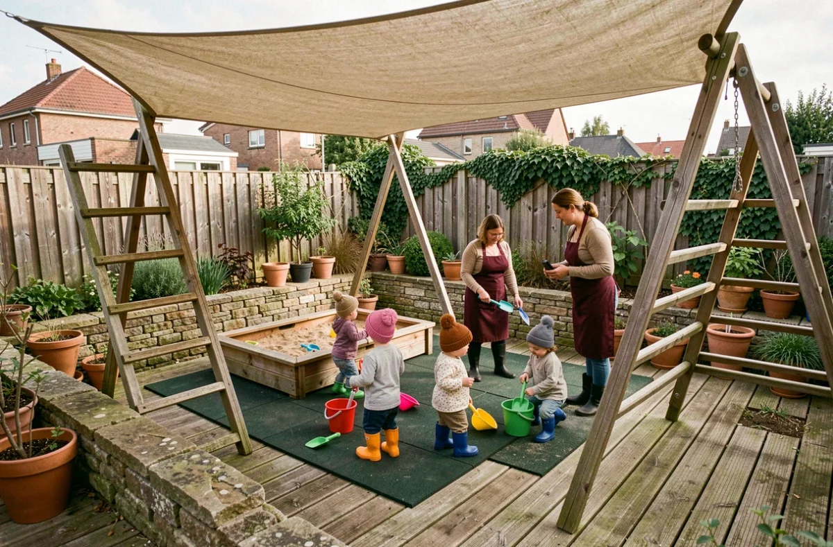 Jardin extérieur de la crèche Babilou Beaumont Godin à Beaumont-sur-Oise avec structures de jeux en bois et espace sable