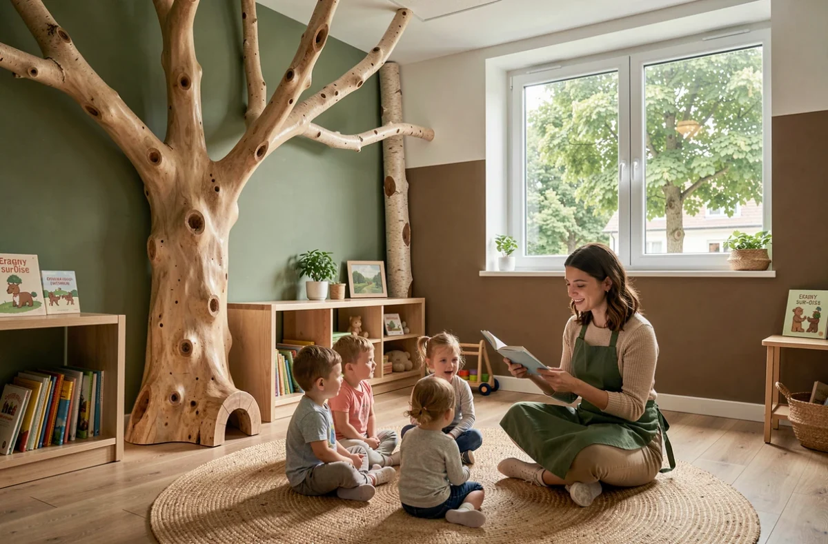 Intérieur nature de la crèche Babilou Eragny Gros Chêne à Eragny-sur-Oise avec décor inspiré de la forêt et coin lecture