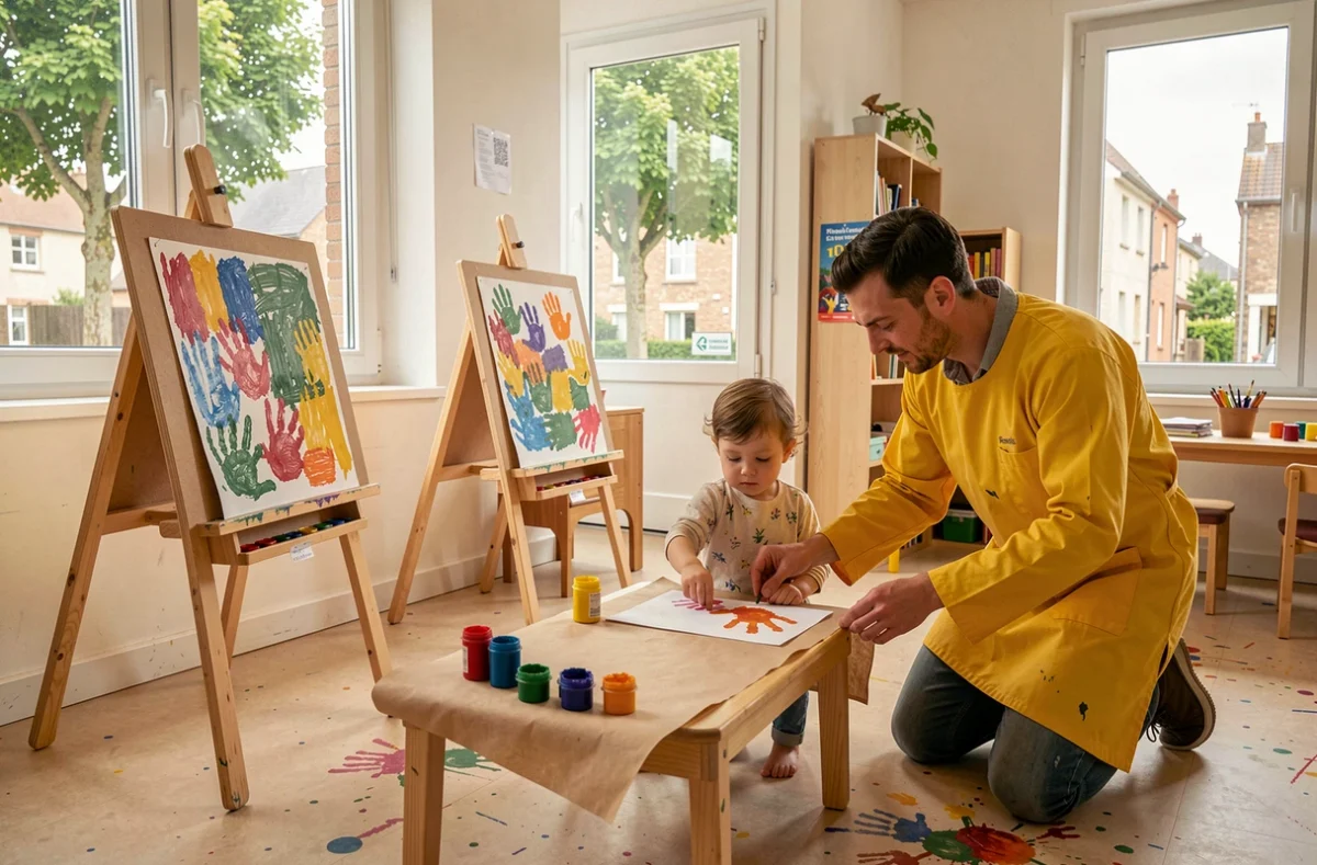 Atelier peinture de la crèche Babilou Herblay Frères Lumière à Herblay-sur-Seine avec une puéricultrice et des activités créatives