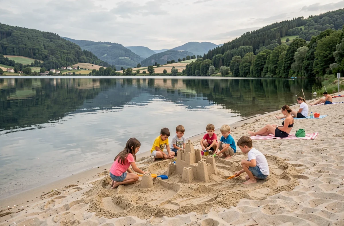 Enfants jouant sur la plage de sable au bord du Lac d'Aydat, base de loisirs familiale dans le Puy-de-Dôme