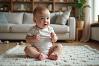 Bébé de 9 mois assis sur un tapis dans un salon chaleureux