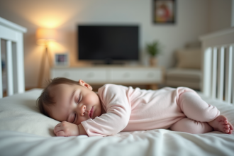 Bébé endormi dans un lit blanc dans un salon moderne
