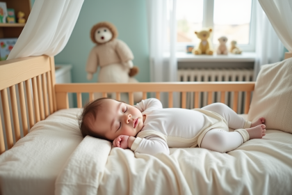 Bebe endormi dans un lit en bois dans une chambre pastel