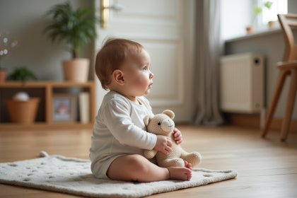 Bébé garçon de 9 mois en tenue coton dans le salon