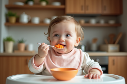 Bébé de six mois dans une chaise haute en cuisine