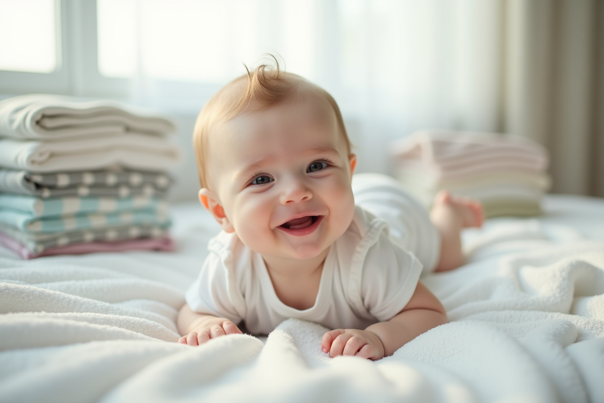 Bébé souriant allongé sur une couverture blanche avec vêtements de bébé