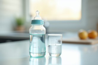 Zoom sur un biberon rempli d'eau sur un plan de travail blanc