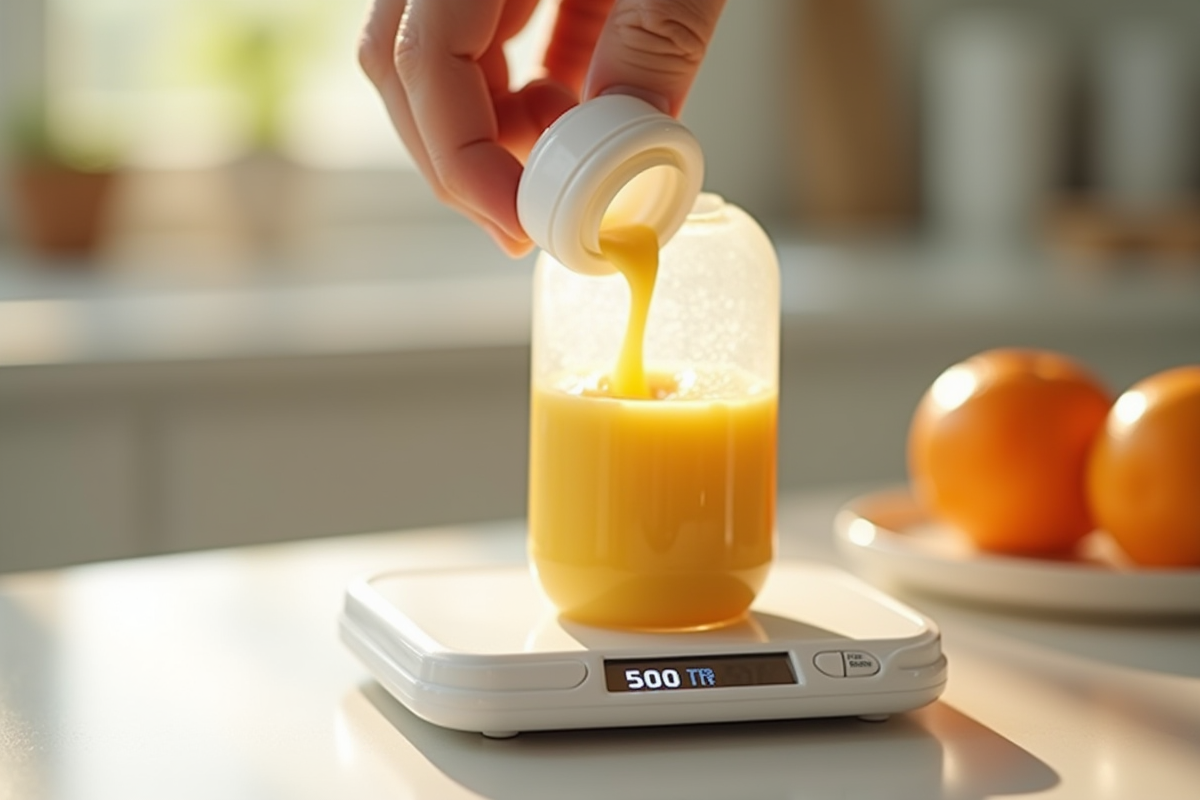 Biberon rempli de purée de fruits avec balance digitale