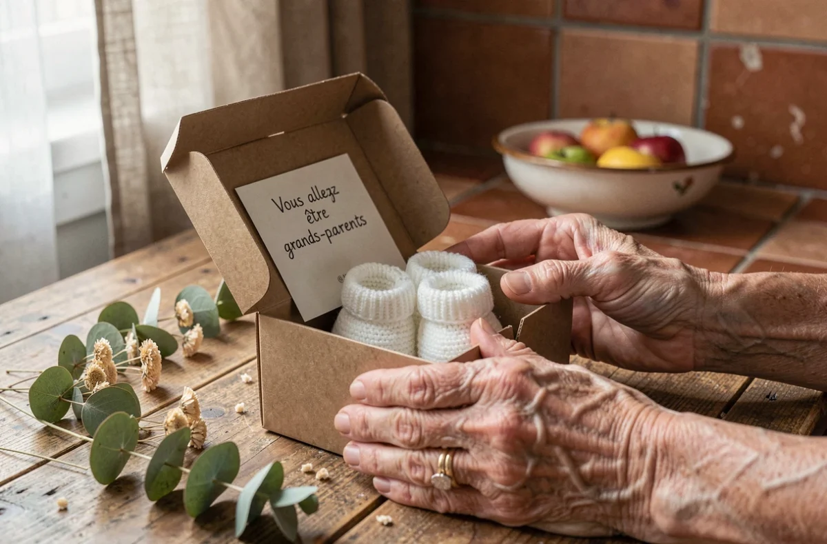 Boîte cadeau kraft ouverte avec des chaussons bébé tricotés et un mot d'annonce de grossesse tenu par des mains de grand-mère