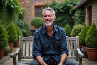 Humoriste souriant dans son jardin privé, assis sur un banc en bois entouré de verdure et de haies