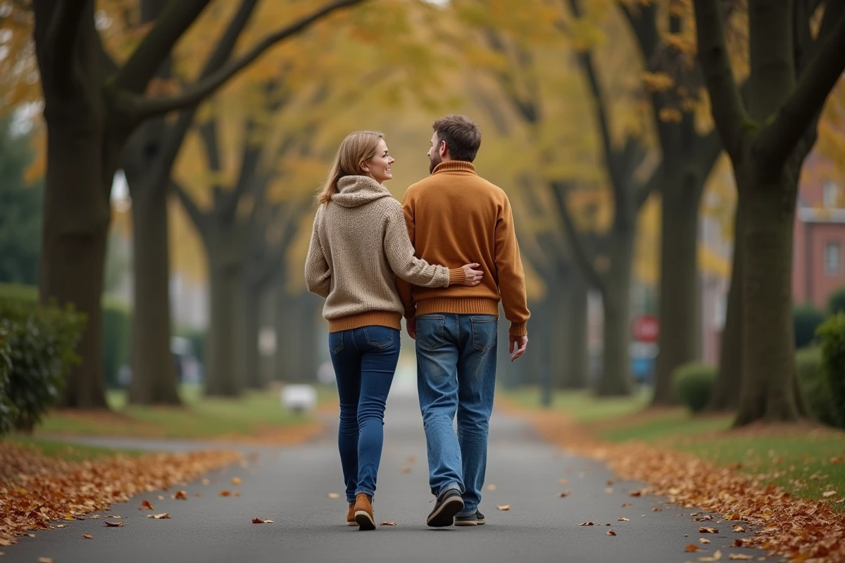 Couple marchant discrètement sur un chemin arboré en automne, préservant leur intimité loin des regards