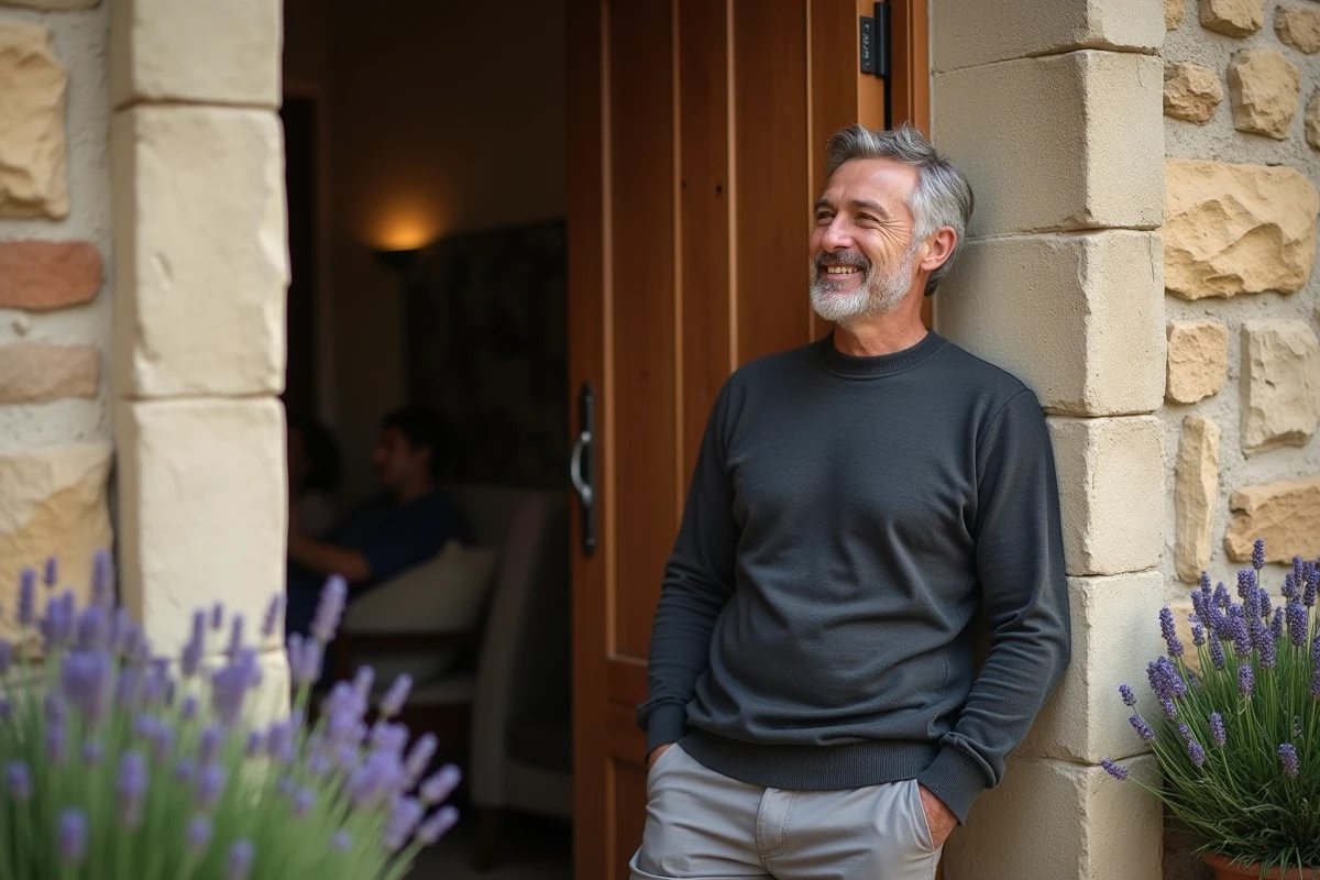 Homme appuyé contre un mur en pierre devant l'entrée d'une maison de ville française, protégeant son jardin secret