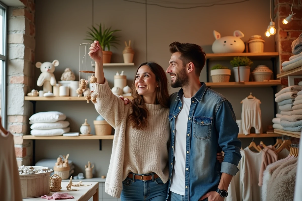 Couple choisissant des cadeaux de naissance dans une boutique artisanale spécialisée