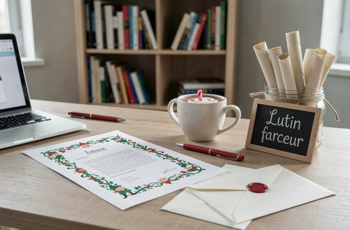 Bureau avec lettre de lutin farceur imprimée et accessoires de Noël pour la première visite 2026