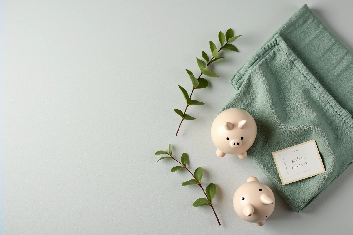 Flat lay de cadeaux de naissance soigneusement sélectionnés avec une carte de liste de naissance imprimée