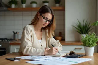 Femme calculant le salaire annuel d'une nounou à domicile avec des documents et une calculatrice sur une table en bois
