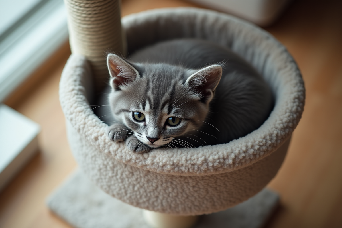 Chaton gris reposant dans un arbre à chat moderne