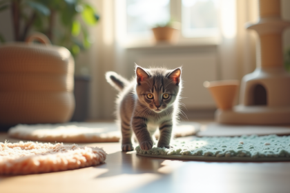 Chaton gris explorant un espace de jeux intérieur lumineux
