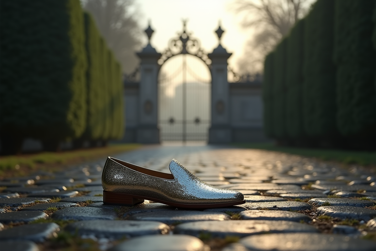 Sandale abandonnée sur un chemin pavé au lever du jour