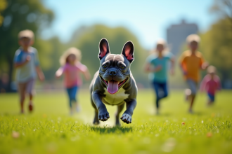Bouledogue français bleu courant dans un parc ensoleille avec famille