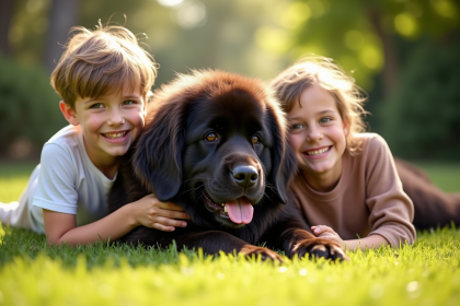 Chien Newfoundland dans un jardin ensoleille avec enfants