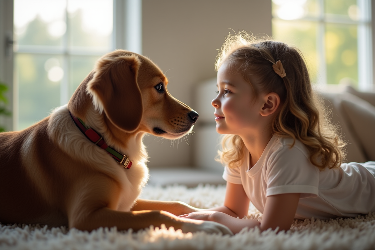 Chien pastoralle jouant doucement avec une fille en interieur