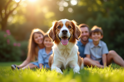 Chien pastoralle souriant dans un jardin ensoleille avec famille