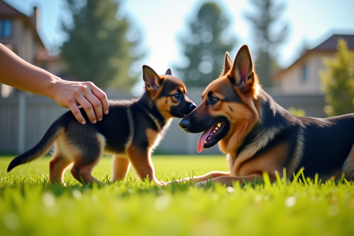 Jeune mère présentant un chiot berger allemand à un chien adulte dans le jardin