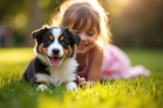 Chiot australien shepherd jouant avec une fille dans un jardin ensoleille